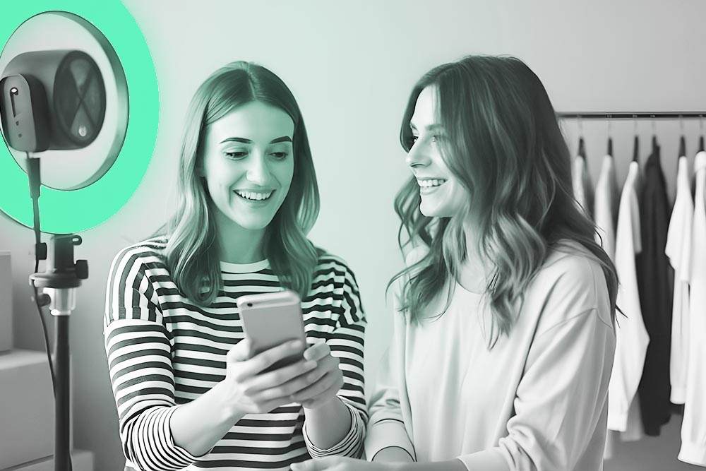 Duas sorridentes jovens influencers segurando um celular em frente a um anel de luz - representando Influencer Digital