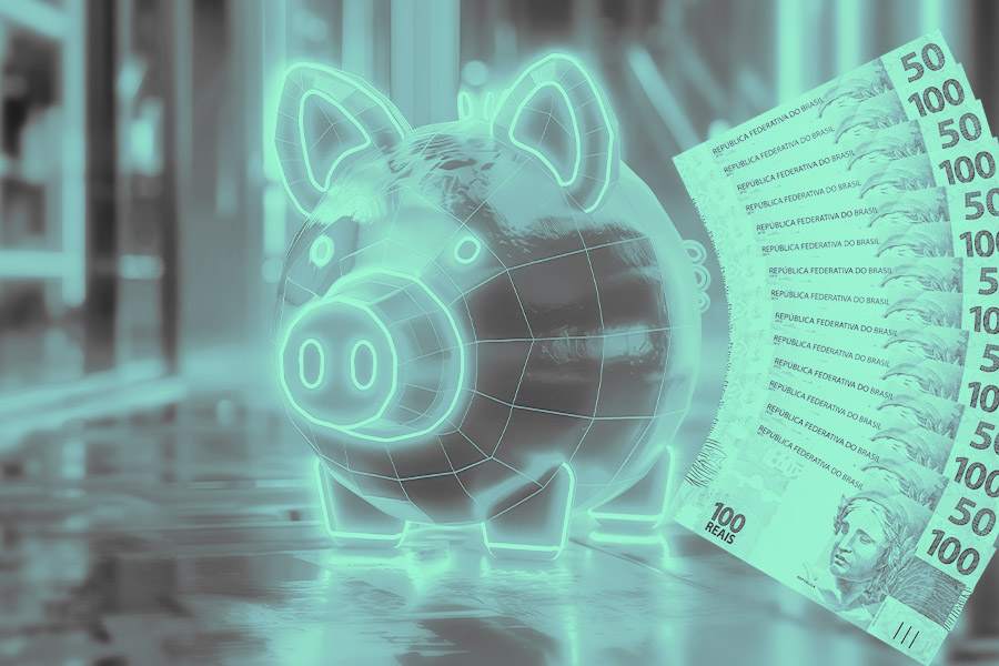 Representação 3d e um cofre de porquinho em neon cercado de notas de reais representando 5000 guardados e investidos